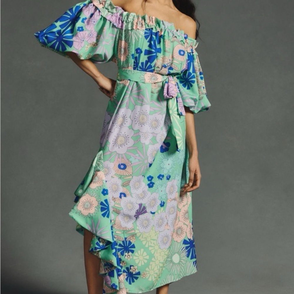 Anthropologie Oopscool Off-Shoulder Dress in Blue and Green